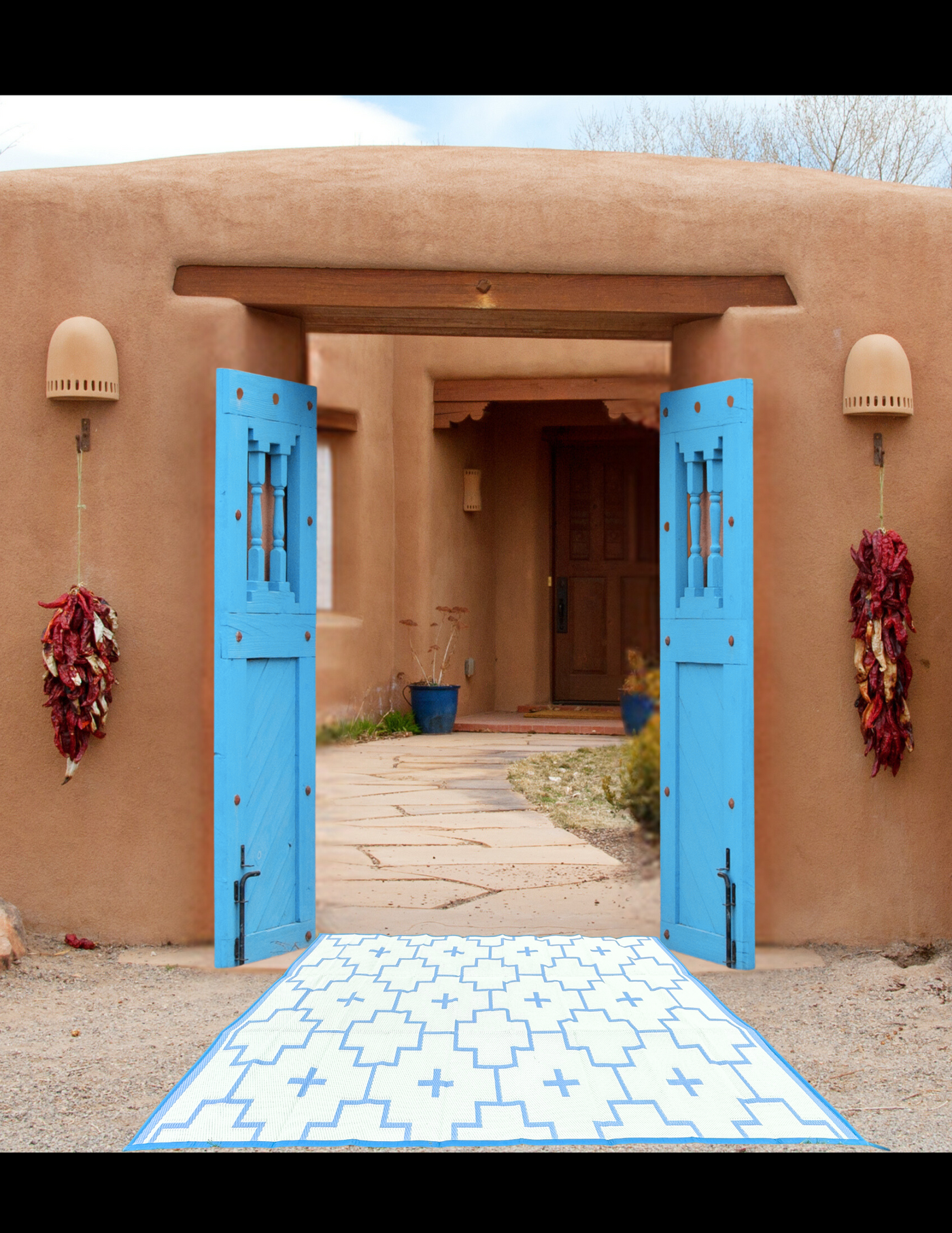 BLUE + IVORY - 6ft x 9ft - RANCH RUGS  -LAJITAS DESIGN-