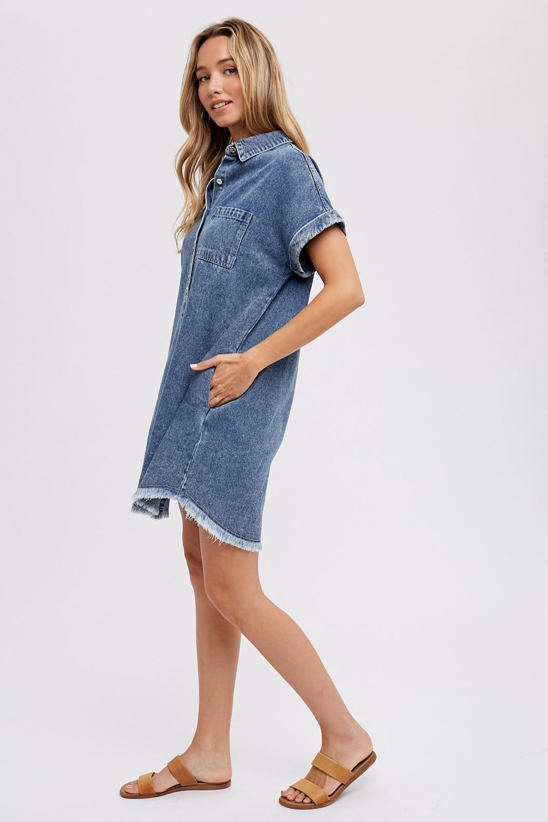 Frayed Hem Washed Denim Shirt Dress