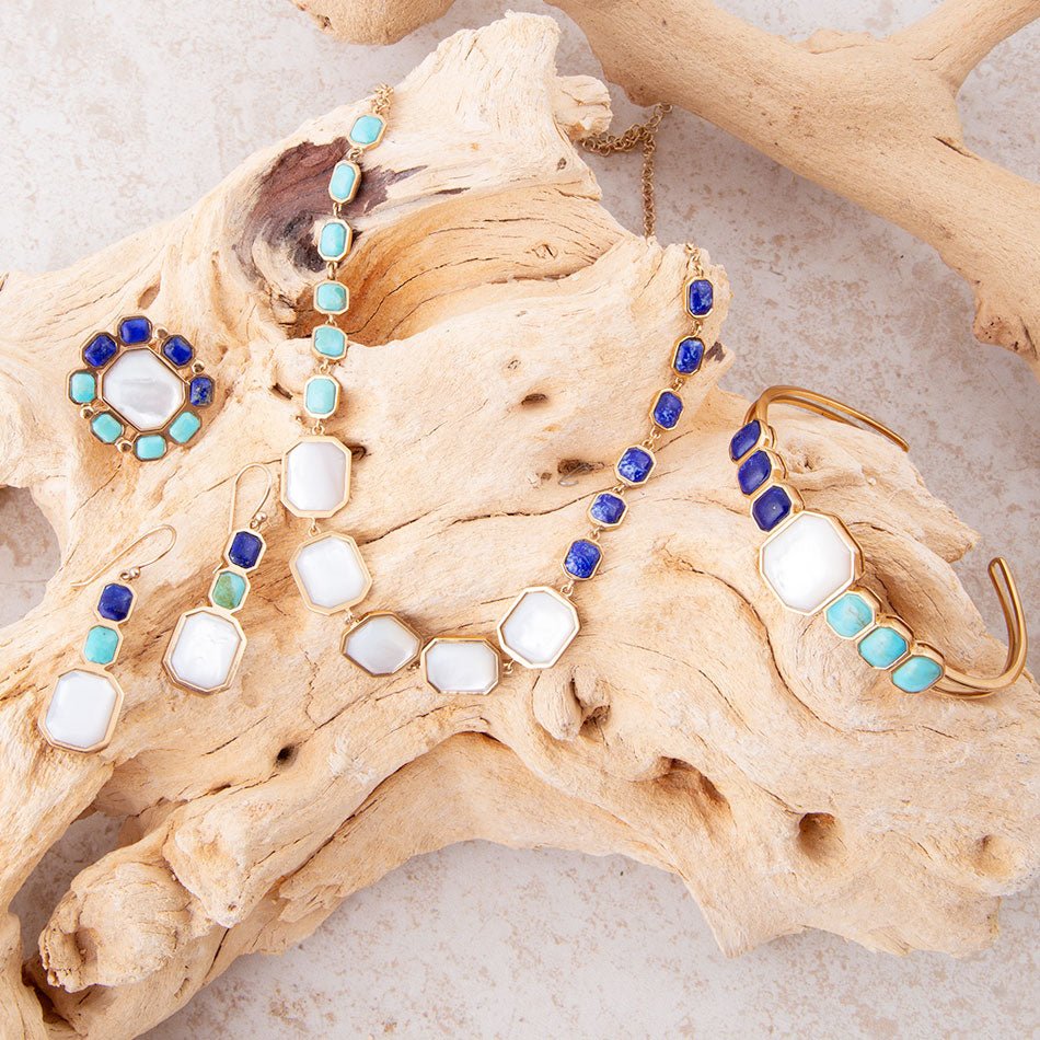 Dual Color Blue Lapis Turquoise and Mother of Pearl Golden Earrings
