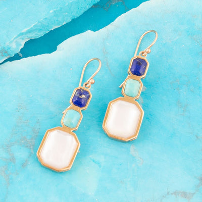 Dual Color Blue Lapis Turquoise and Mother of Pearl Golden Earrings