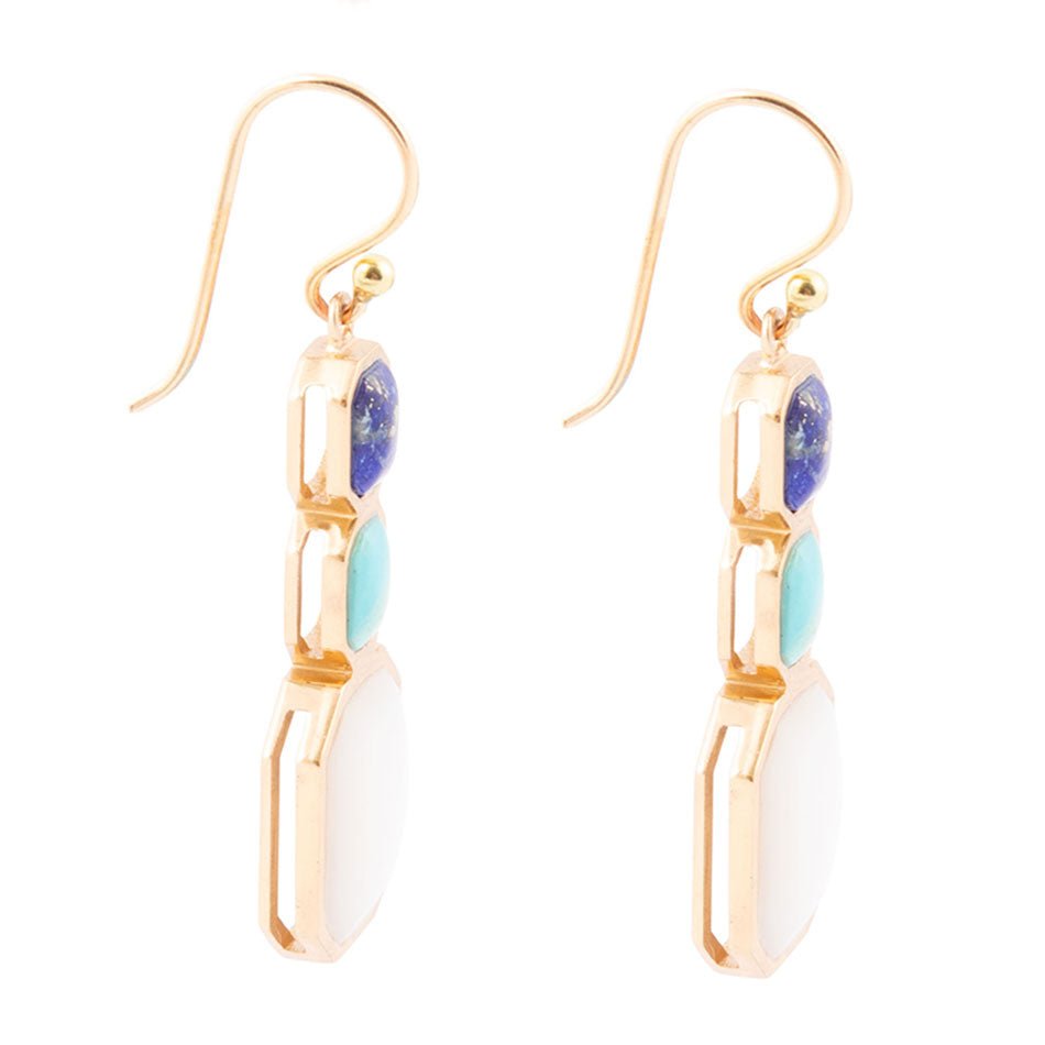 Dual Color Blue Lapis Turquoise and Mother of Pearl Golden Earrings