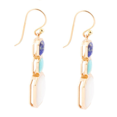 Dual Color Blue Lapis Turquoise and Mother of Pearl Golden Earrings