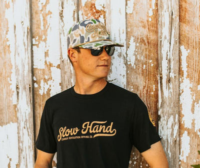 Duck Camo Script “Cowboy Hat” - 5-panel Trucker Hat