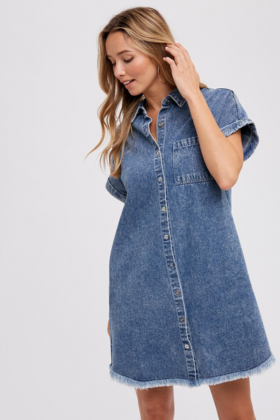 Frayed Hem Washed Denim Shirt Dress