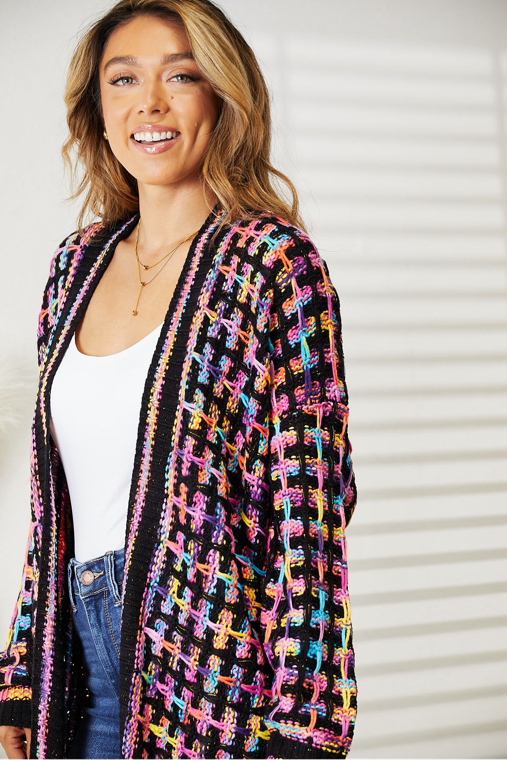 Double Take Full Size Multicolored Open Front Fringe Hem Cardigan