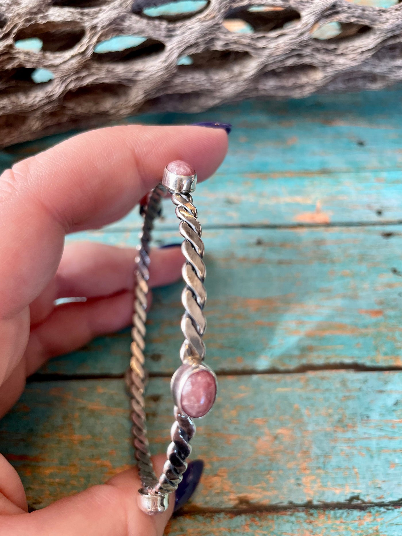 Handcrafted Rhondite And Sterling Silver Bangle Bracelet