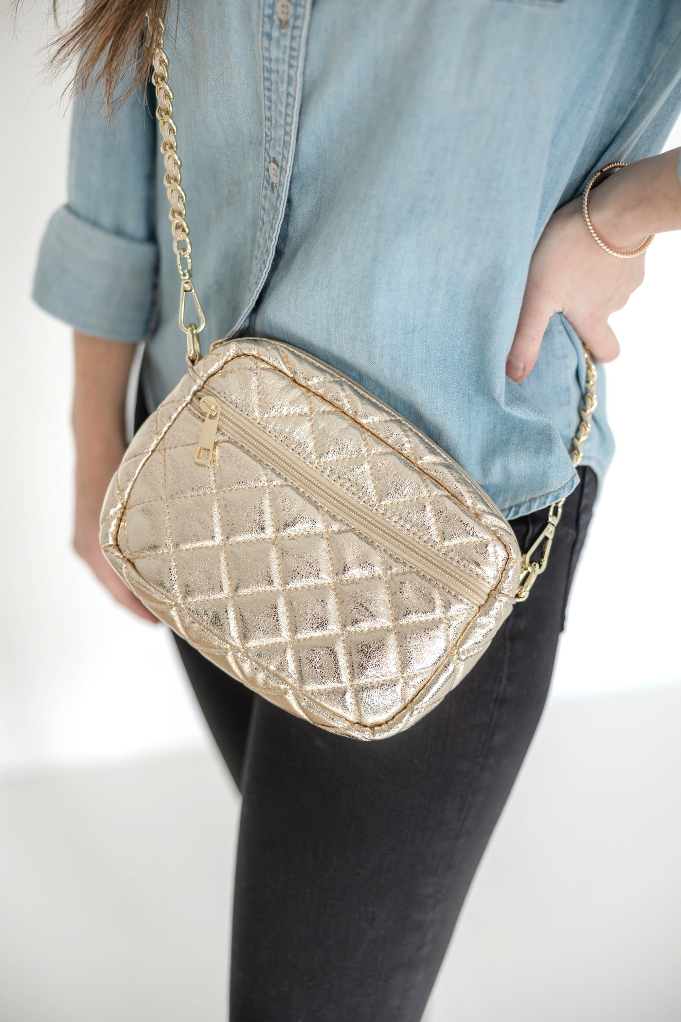 SueEllen Quilted Small Crossbody Bag with Gold Chain Strap