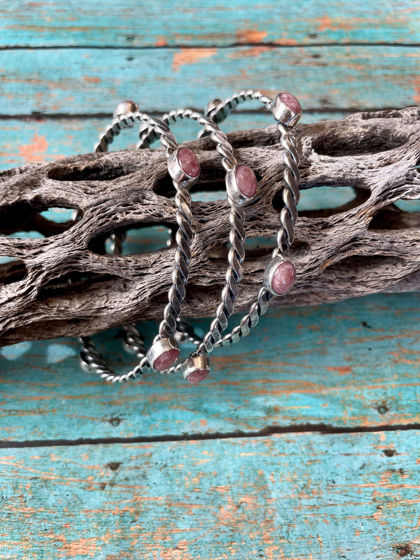 Handcrafted Rhondite And Sterling Silver Bangle Bracelet