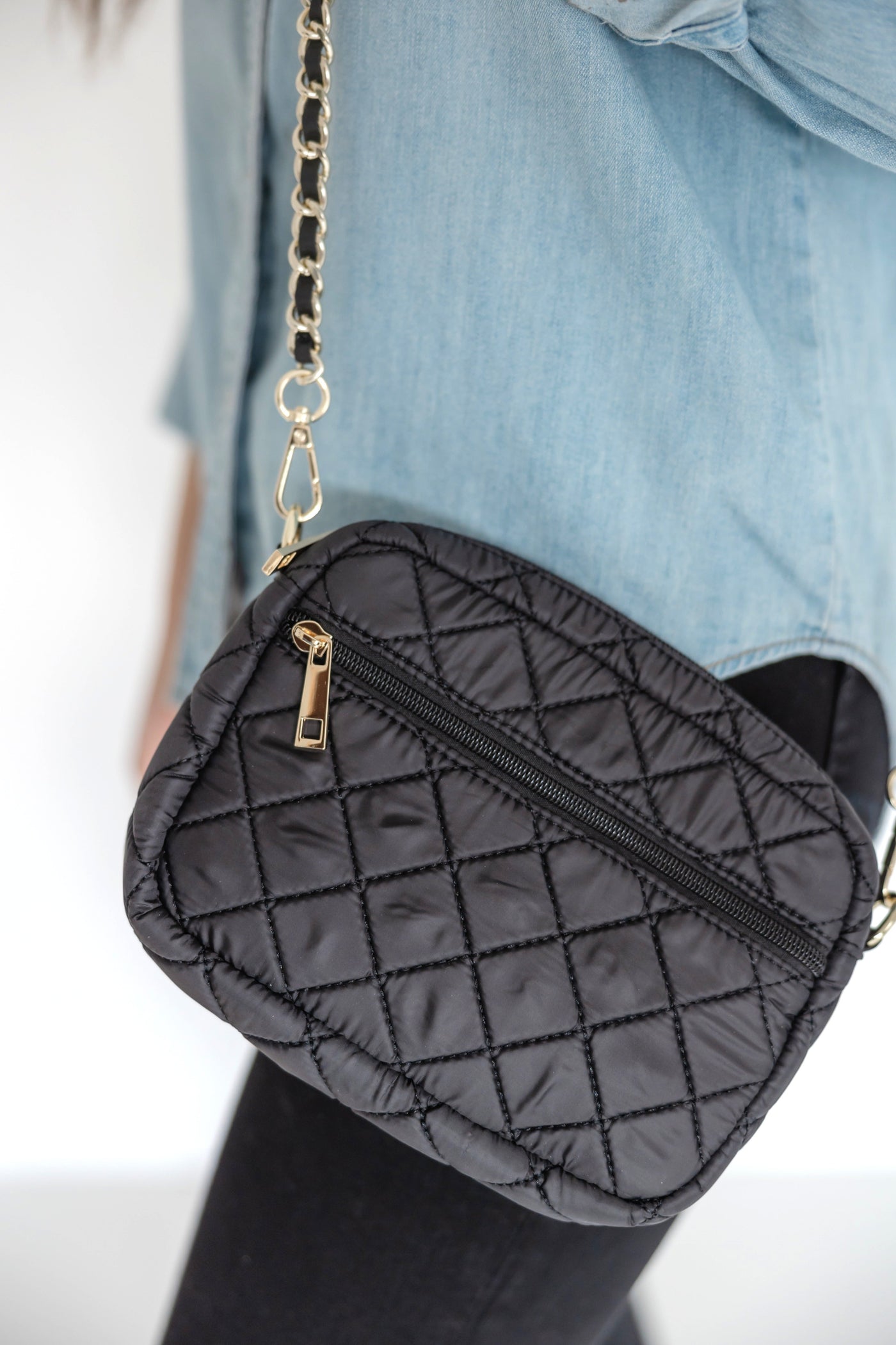 SueEllen Quilted Small Crossbody Bag with Gold Chain Strap