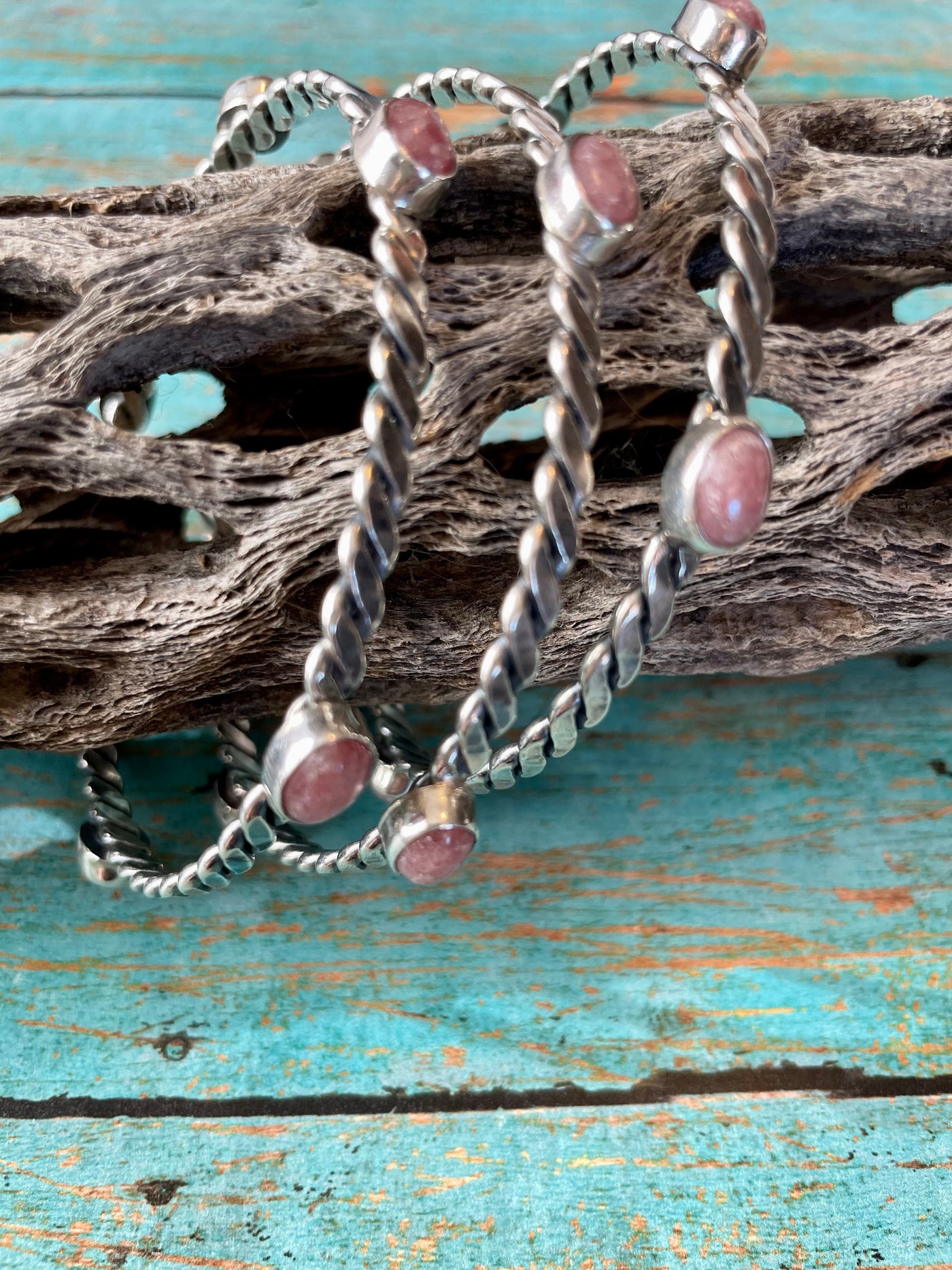 Handcrafted Rhondite And Sterling Silver Bangle Bracelet