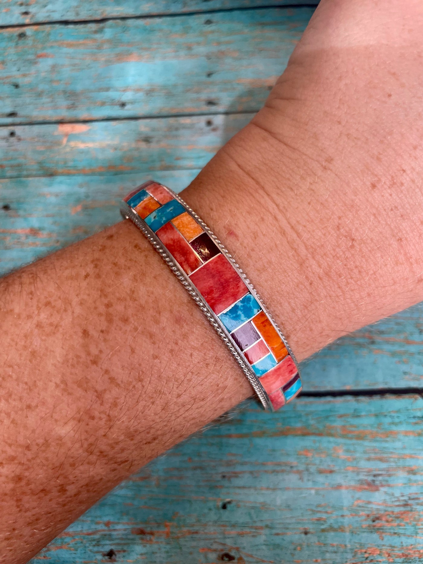 Navajo Turquoise & Spiny Inlay Sterling Silver Bangle