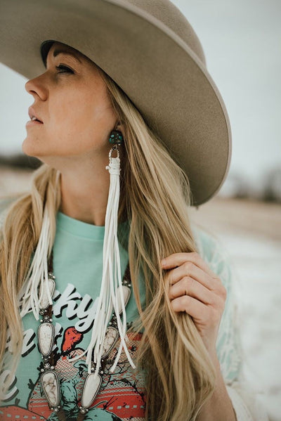 Real Turquoise Stone & Long Leather Earrings