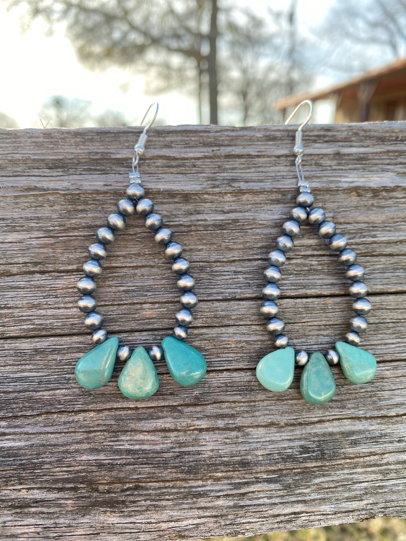 Teardrop turquoise and Sterling Silvers Pearls earrings