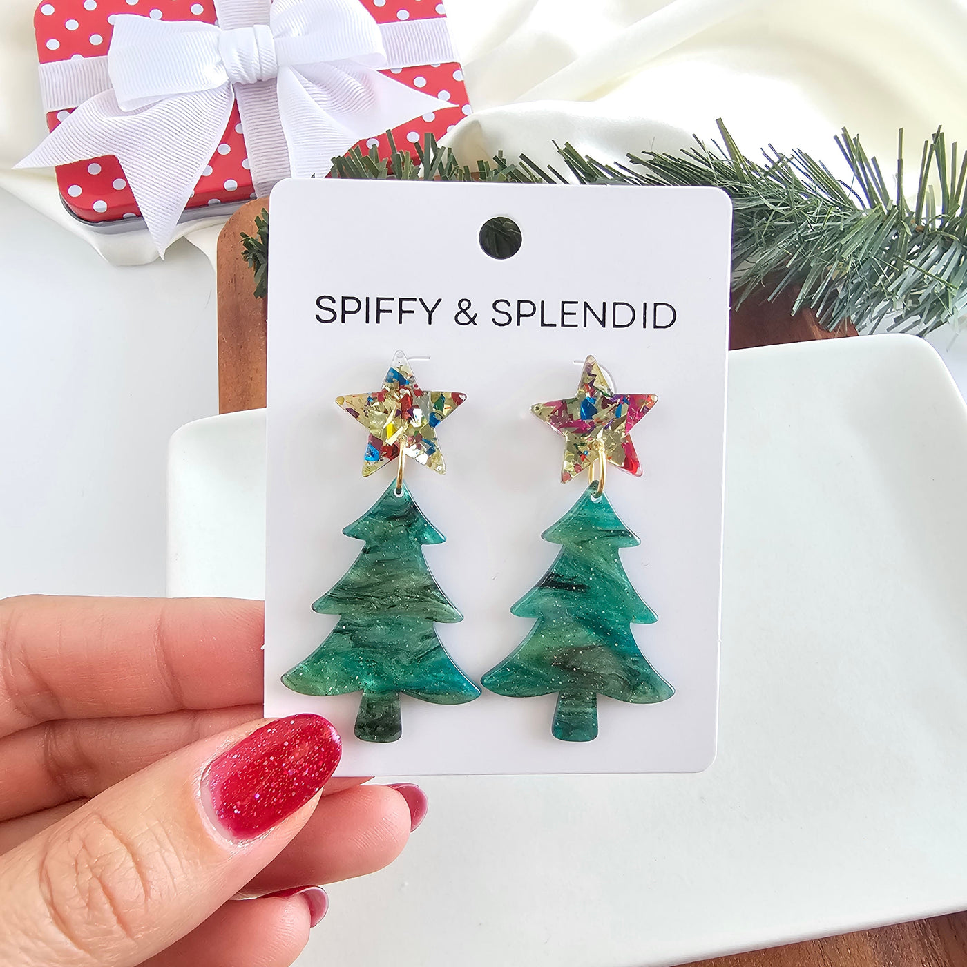 Star Christmas Tree Earrings - Green Shimmer