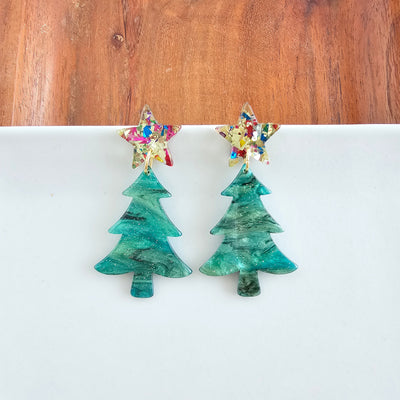 Star Christmas Tree Earrings - Green Shimmer