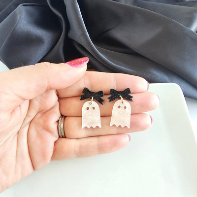 Mini Bow Ghost Earrings - Light Pink Shimmer
