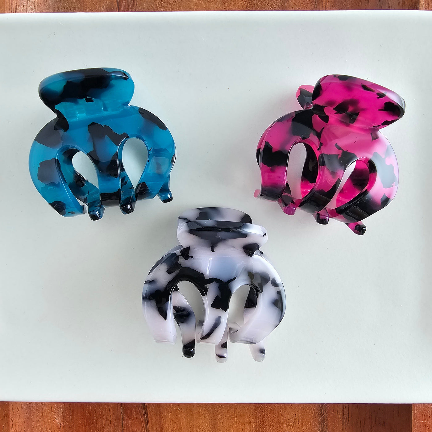 Claire Hair Claw Trio - Blue Tortoise, Snow Tortoise, and Fuchsia Tortoise