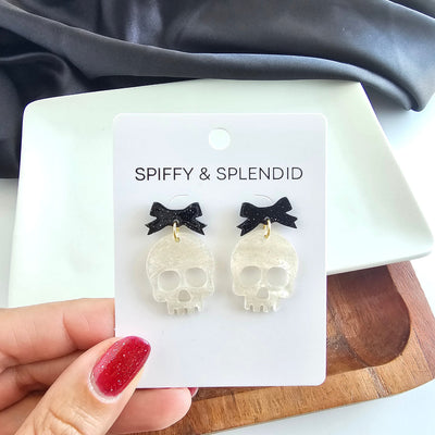 Bow Skeleton Earrings - White Shimmer