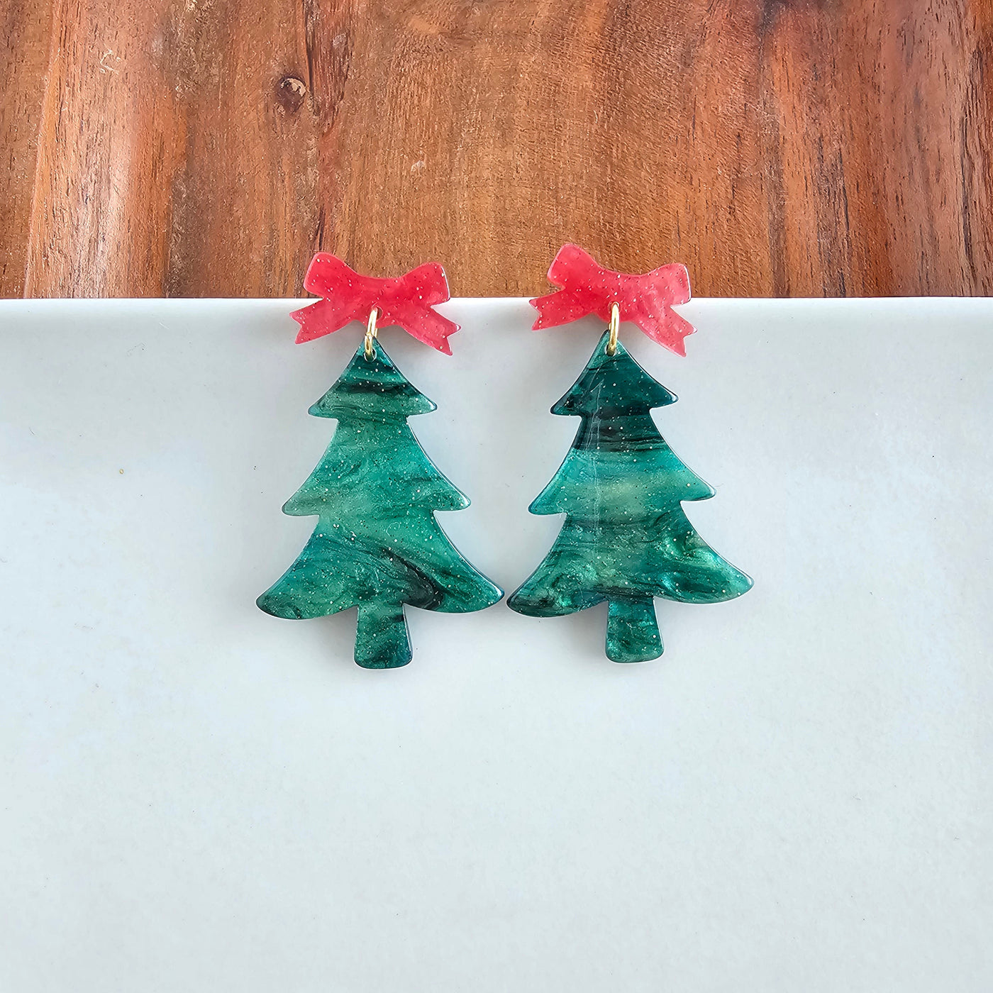 Bow Christmas Tree Earrings - Green Shimmer