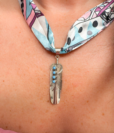Kingman Turquoise Feather Pendant on Silk Scarf Necklace