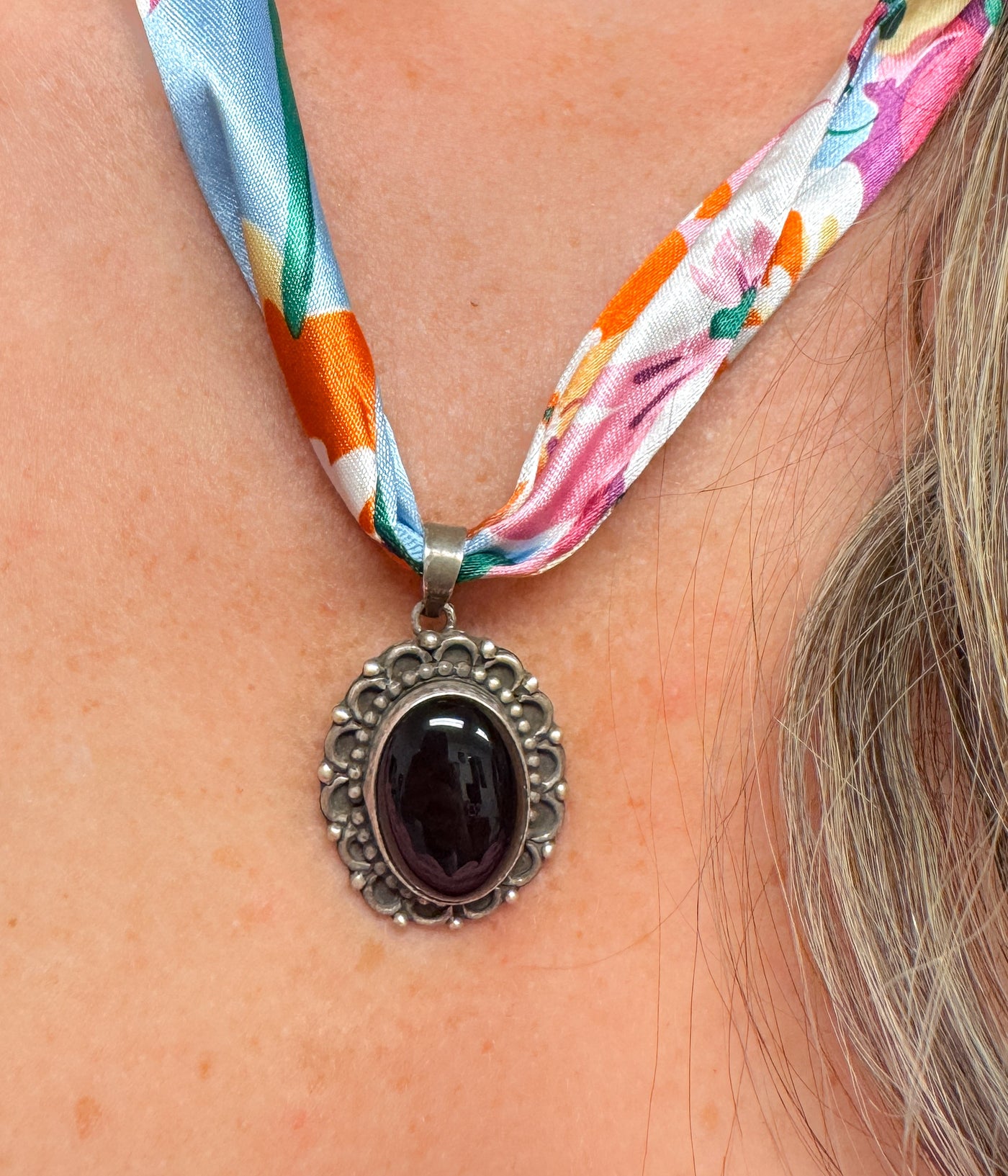 Black Onyx Pendant on Silk Scarf Necklace