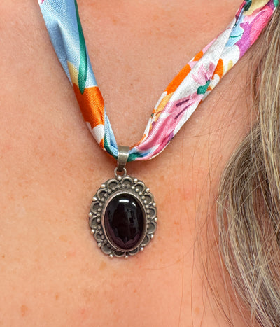 Black Onyx Pendant on Silk Scarf Necklace