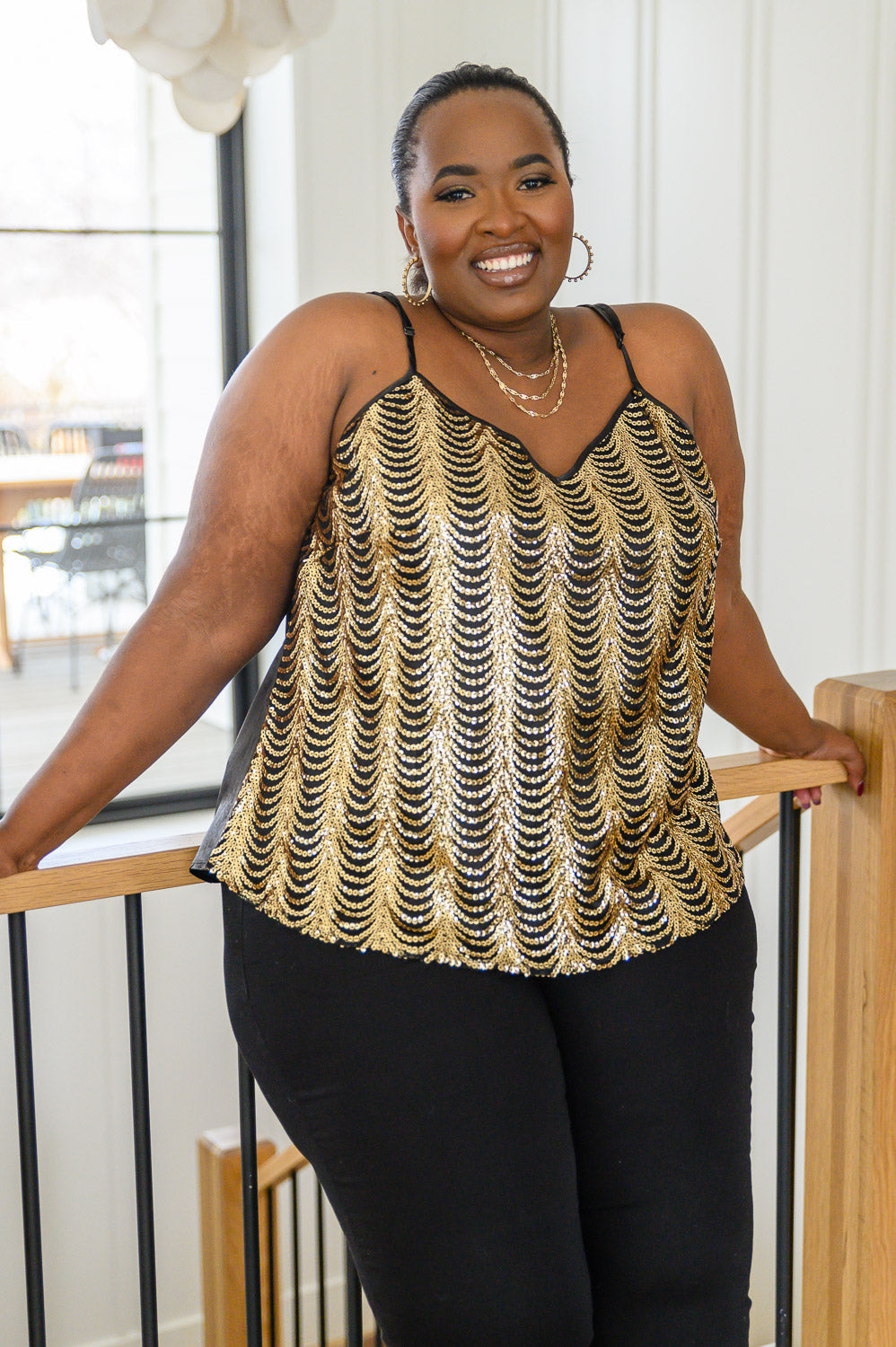 Stayin' Alive V-Neck Sequin Tank in Gold - Brazen Ranch