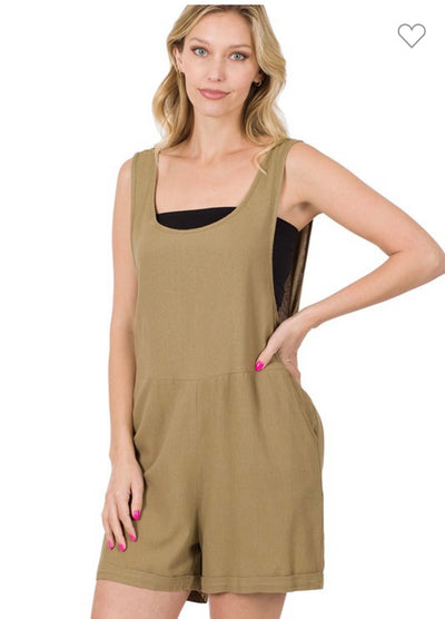 Linen Sleeveless Pocket Romper PLUS - Brazen Ranch